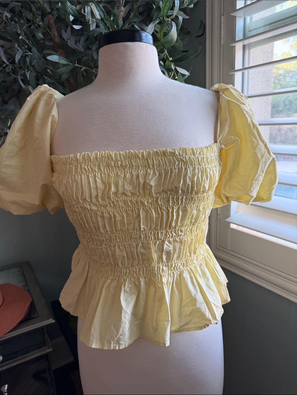 Astr Yellow Smocked Puff Sleeve Peplum Top in Lemonade